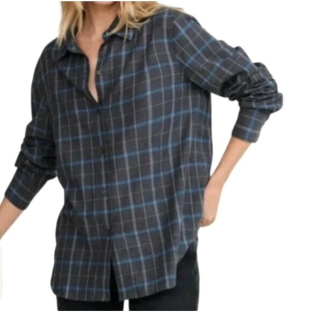 Jenni Kayne Gray Blue Plaid Lighweight Oversized Button Up Flannel Shirt Size XS
